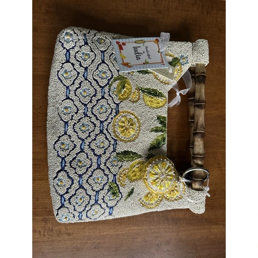 Handmade Beaded Lemon Riviera Bamboo Handle Purse Coastal Bag Charm Amalfi NWT